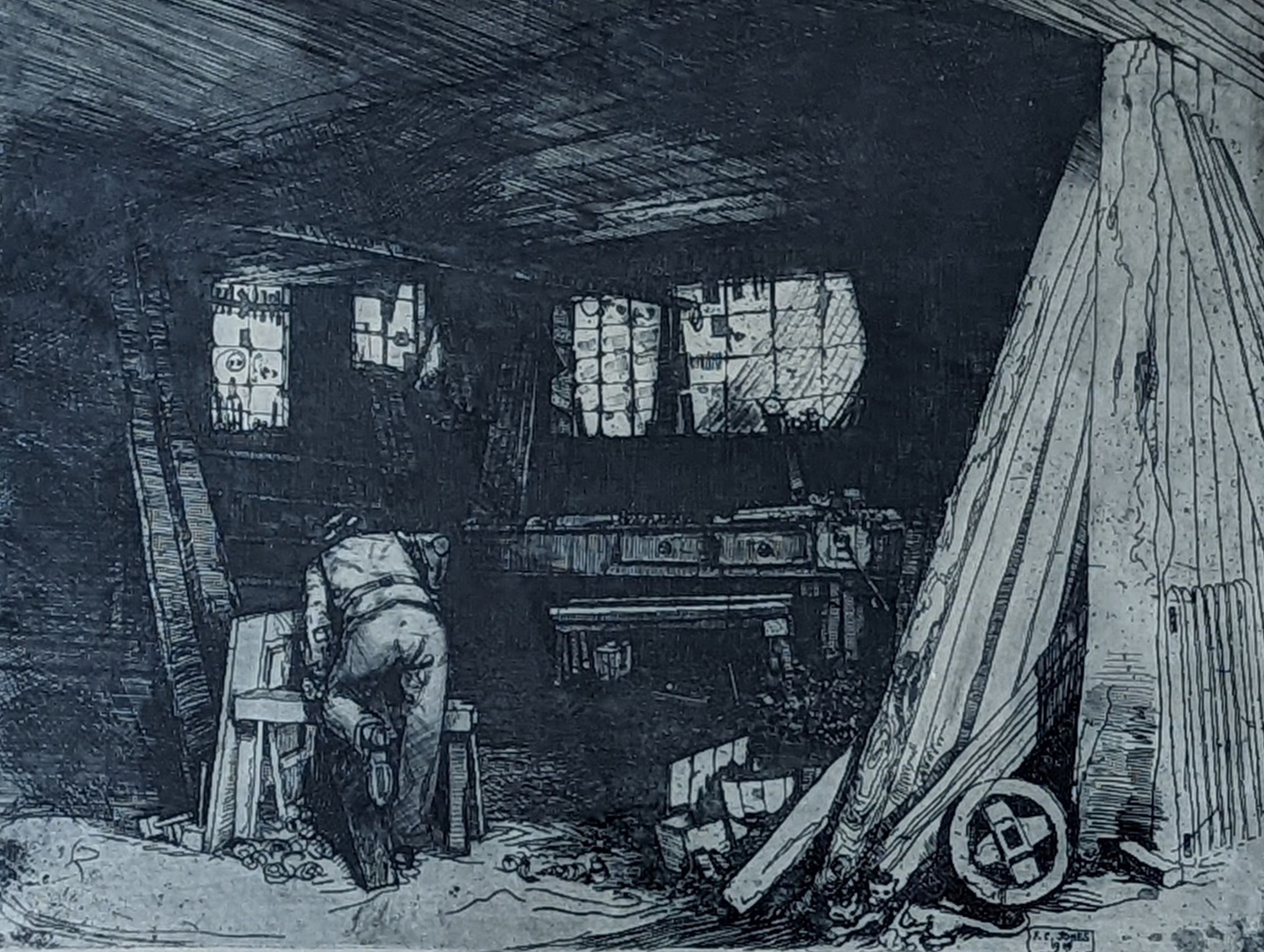 Fred Cecil Jones RBA (1891-1956), etching, Carpenter in a workshop, signed in pencil and dated 1914, 19 x 26cm
